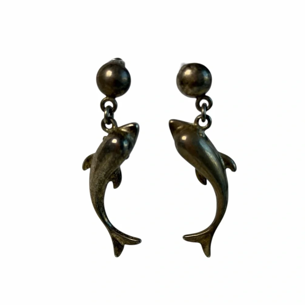 Vintage 925 Sterling Silver Dolphin Dangle Earrings Nautical Ocean beach - Picture 5 of 11